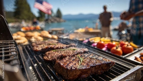 Fototapeta Grilling steaks by a lake