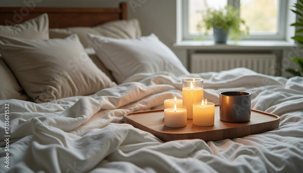 Obraz A cozy bedroom scene, showcasing a wooden tray with several lit candles placed on the soft bedding, creating a sense of warmth and relaxation. The room is bathed in natural light
