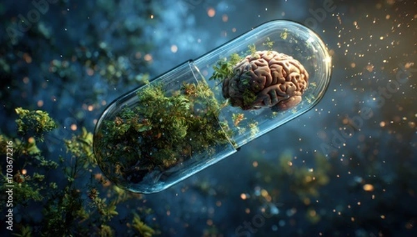 Fototapeta A brain-shaped capsule, filled with nature
