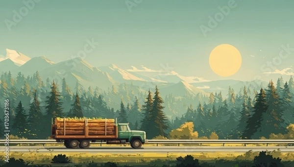 Fototapeta Pixel art truck on a highway through a mountain landscape