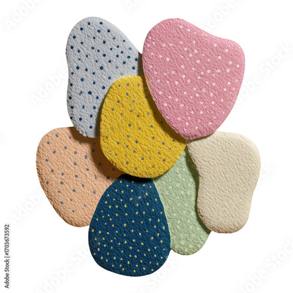 Fototapeta Abstract flower design with pastel-colored, textured ovals and polka dots