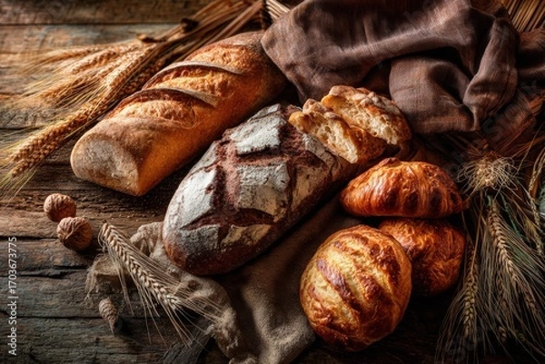 Fototapeta Assorted loaves of bread on rustic wooden table