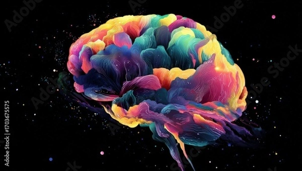 Fototapeta Colorful abstract representation of a brain against a dark background