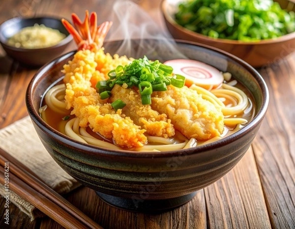 Fototapeta AI-generated illustration of a bowl of udon noodles with tempura shrimp, garnished with green onions