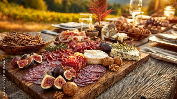 Fototapeta Elegant charcuterie board featuring artisanal cured meats, aged cheeses, fresh figs, nuts and crackers arranged on rustic wooden cutting board