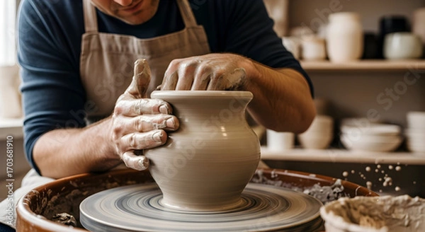 Fototapeta Close-up of a skilled potter shaping clay on a spinning wheel in a bright studio showing creativity