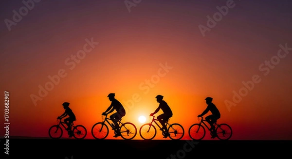Fototapeta Silhouette of a group cycling against a vibrant sunset creating an inspirational scene showing