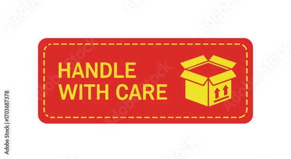 Fototapeta Red rectangular "Handle With Care" label featuring a yellow open box icon.