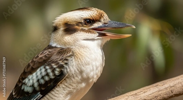 Obraz Portrait of a kookaburra perched on a tree branch in the sunlight