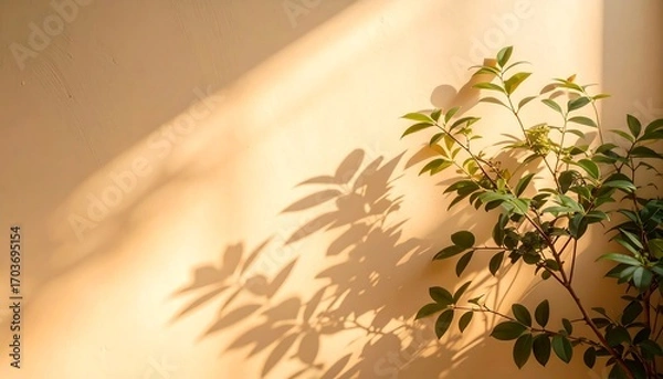Fototapeta A botanical scene bathed in sunlight, featuring vibrant green leaves and their elongated shadows against a warm, textured wall