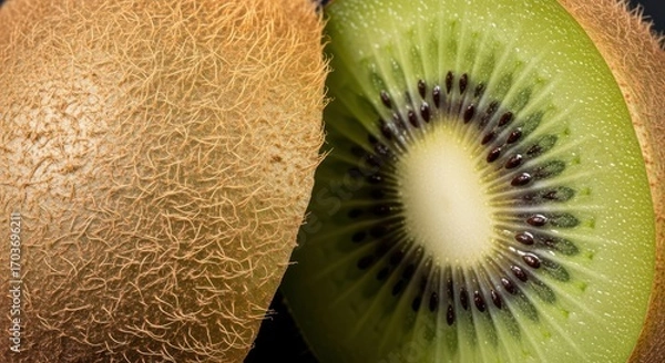 Obraz Macro shot of a cut kiwi fruit, revealing its vibrant green flesh