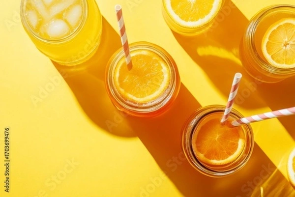 Fototapeta Refreshing citrus beverages with sliced oranges and straws on yellow background