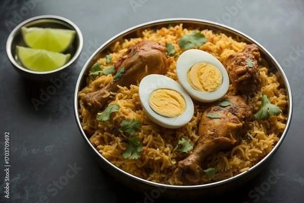 Fototapeta Savory chicken biryani with perfectly cooked eggs and fresh lime wedges, a delightful meal