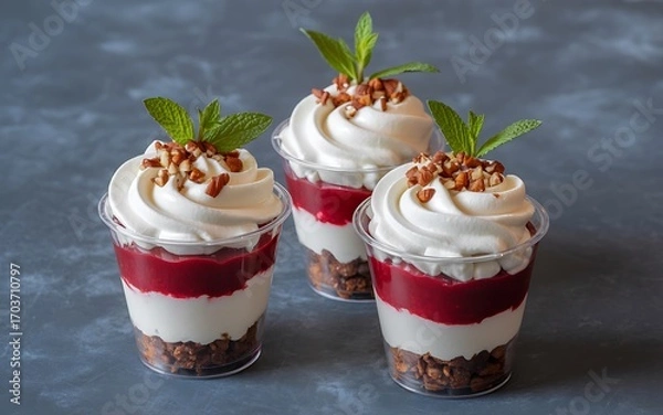 Fototapeta Indulge in decadent layered dessert cups topped with creamy frosting and crunchy nuts, perfect for any celebration.