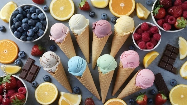Fototapeta Delicious assorted ice cream cones with fresh berries, citrus slices, and chocolate for a sweet summer treat