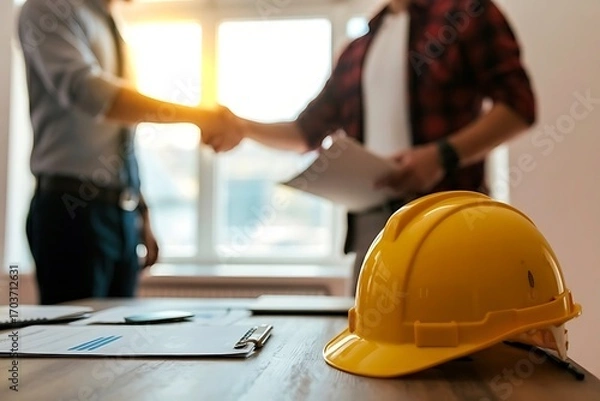 Fototapeta Builders shake hands on successful project completion, symbolizing partnership and achievement in construction.