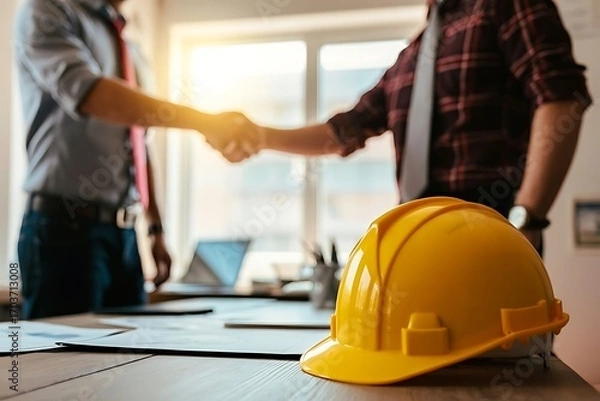 Fototapeta Two professionals shaking hands in a bright office, symbolizing partnership and project success with safety gear nearby.