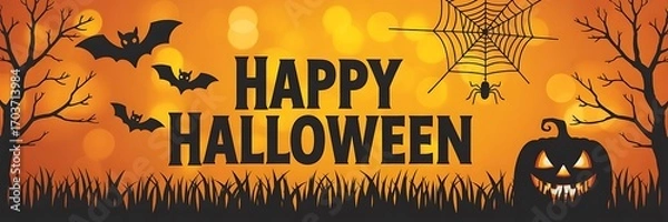 Fototapeta Spooky Happy Halloween banner with bats, spider, and grinning pumpkin against a bokeh background