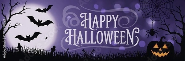 Fototapeta Spooky Halloween night with bats flying near a full moon, a jack-o'-lantern, and a spider web