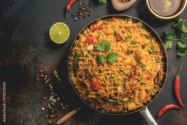 Fototapeta Vibrant, flavorful biryani dish bursting with fresh vegetables and aromatic spices, ready to serve.