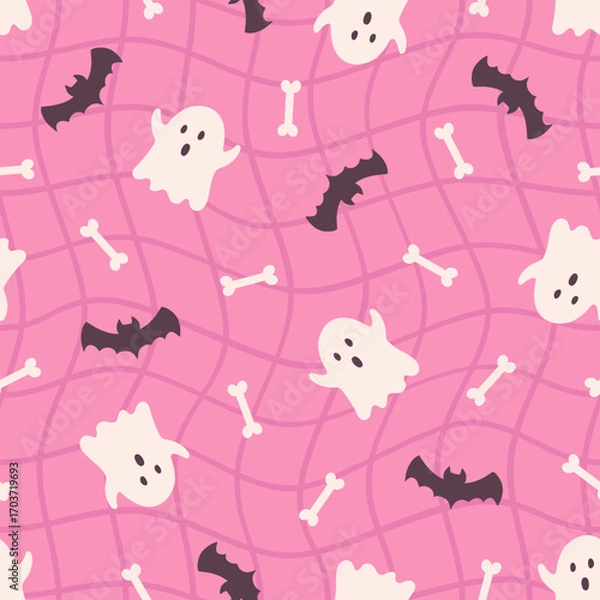 Fototapeta Halloween seamless pattern. Cute background for Halloween party fabric or kids stuff. Ghosts, bats and bones in cartoon flat style. Vector illustration	