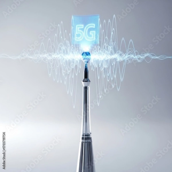 Fototapeta Conceptual illustration of a 5G mobile network antenna transmitting high-speed data waves in a futuristic digital environment