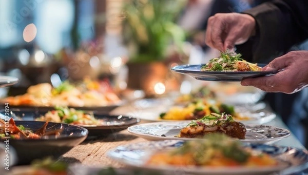 Obraz Buffet food being served. Hands picking up a plate of food