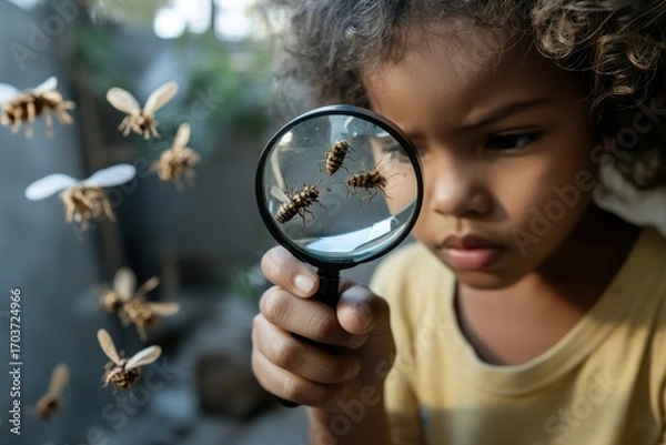 Fototapeta Child observing bees with a magnifying glass in a garden on a sunny day