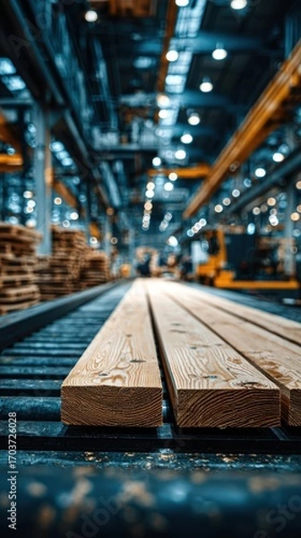 Fototapeta Wood planks ready for processing in a large industrial lumber facility during daytime operations