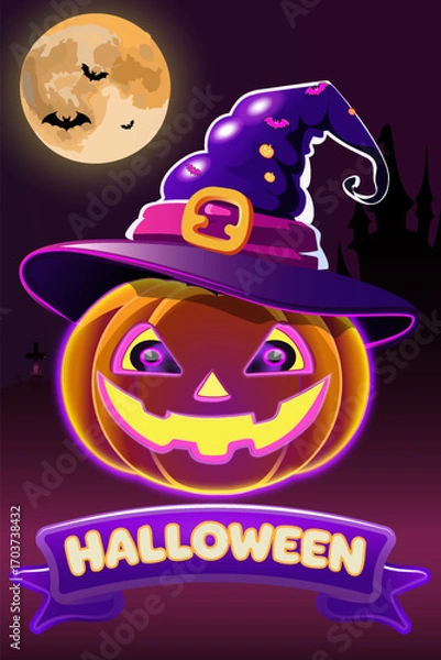 Fototapeta Bright neon Halloween illustration featuring glowing jack o lantern in witch hat, full moon with bats, and festive spooky background.