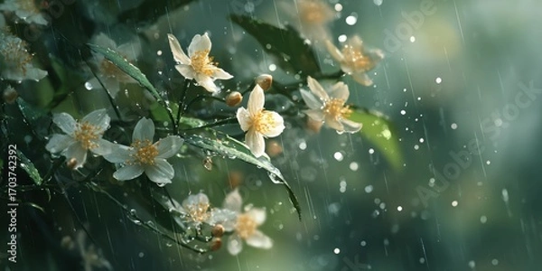 Fototapeta Delicate white flowers in a soft rain shower