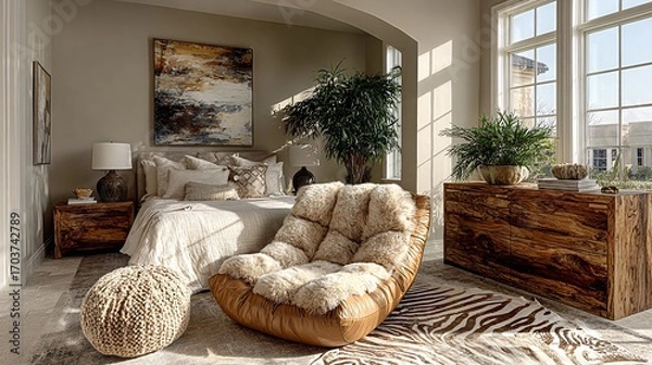 Fototapeta Cozy Modern Bedroom with Natural Light and Elegant Decor Elements