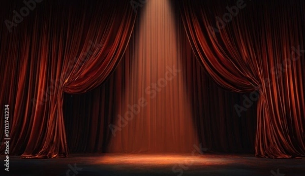 Obraz Red velvet stage curtains illuminated by spotlight