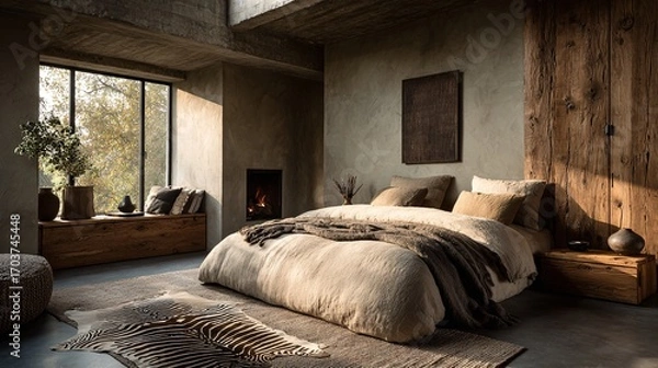 Fototapeta Cozy Modern Bedroom with Natural Elements and Warm Ambiance