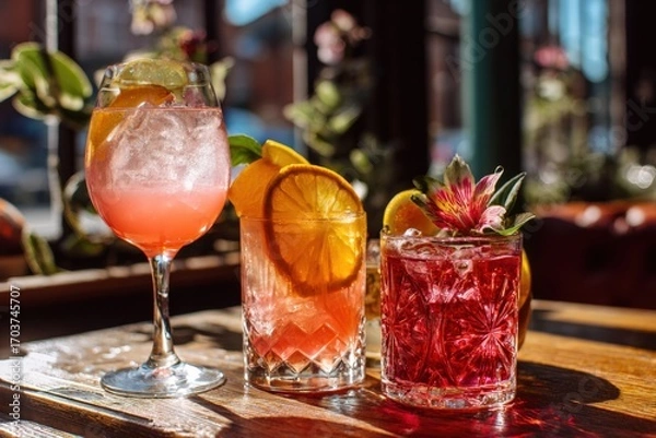 Fototapeta Refreshing drinks in a sunny cafe setting