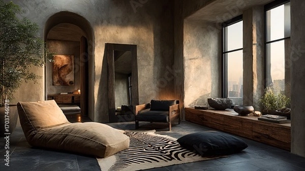 Fototapeta Cozy Modern Living Room with Natural Light and Earthy Decor