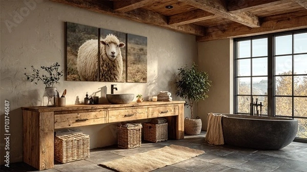 Fototapeta Rustic Bathroom with Sheep Artwork and Natural Textures