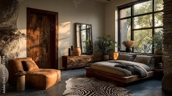 Fototapeta Cozy and Modern Bedroom Design with Earth Tones and Natural Elements