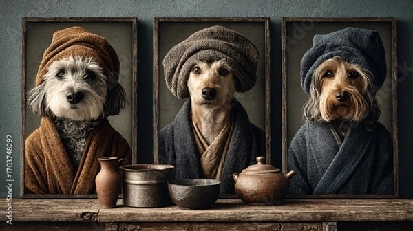Fototapeta Three Stylish Dogs in Robes Posing Like Portraits in a Gallery