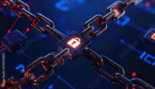 Fototapeta A digital illustration of interconnected chains with a security lock icon, symbolizing cybersecurity and data protection in a tech-themed environment.