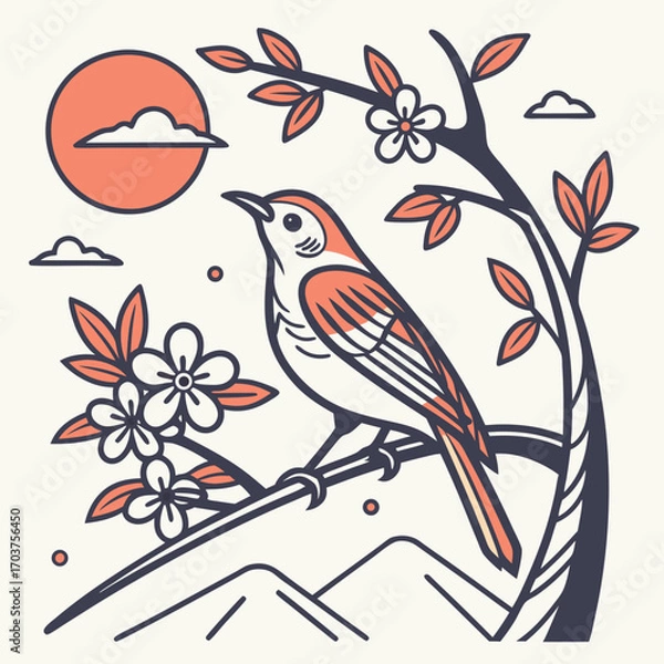 Fototapeta Serene nature illustration of a songbird perched on a blooming spring branch, a minimalist line art landscape with sun and mountains