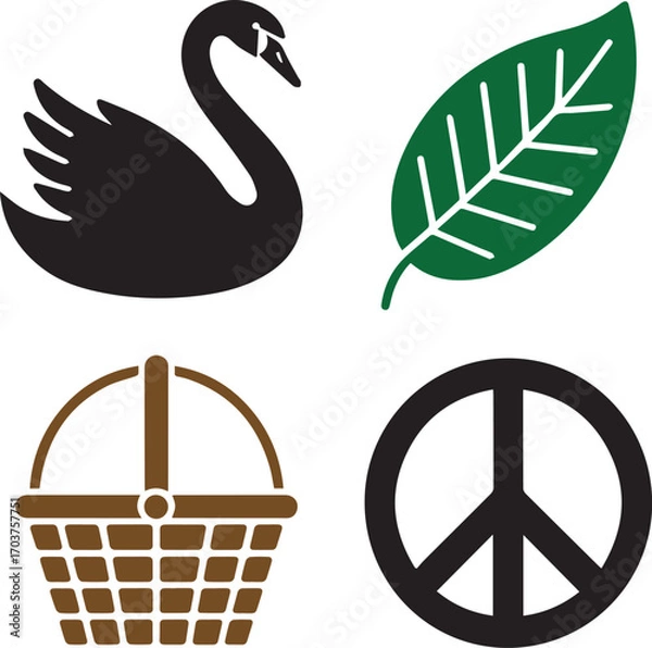 Obraz Four symbols featuring a black swan, green leaf, picnic basket and peace symbol