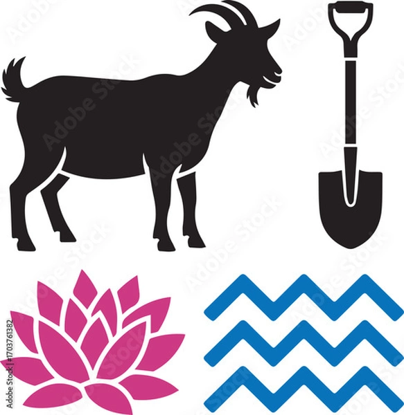 Obraz Goat, shovel, lotus flower and Aquarius symbol silhouette set