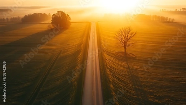 Fototapeta Aerial view of a forked country road in golden light, symbolizing journeys and choices.