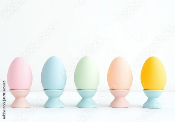 Fototapeta Pastel-colored easter eggs in stylish egg cups for spring celebrations and festive decor