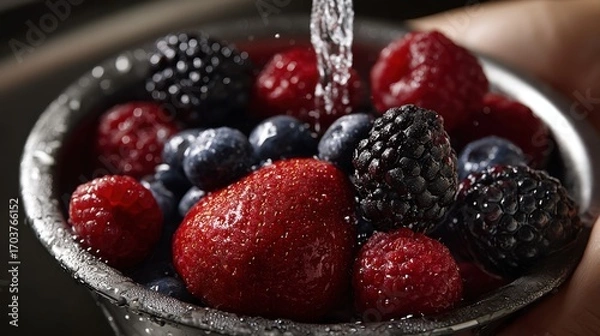 Obraz Fresh berries being washed , action shot , in a clean sink area , top-down angle , with natural soft light