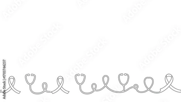 Fototapeta A line drawing of ribbons and stethoscopes connected forming a border on a white background space above