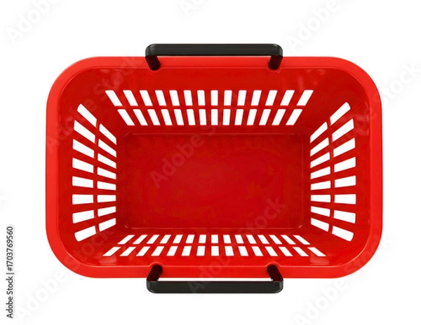 Fototapeta Red plastic shopping basket with black handles isolated on transparent background