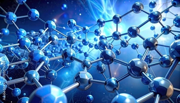 Fototapeta Abstract Molecular Network Structure with Blue Spheres and Bright Light Background, Complex Atom Connections and Deep Depth of Field Digital Art
