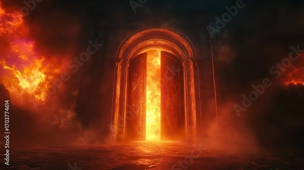 Fototapeta Heaven and Hell Concept with Fiery Gates and Paradise Choice
